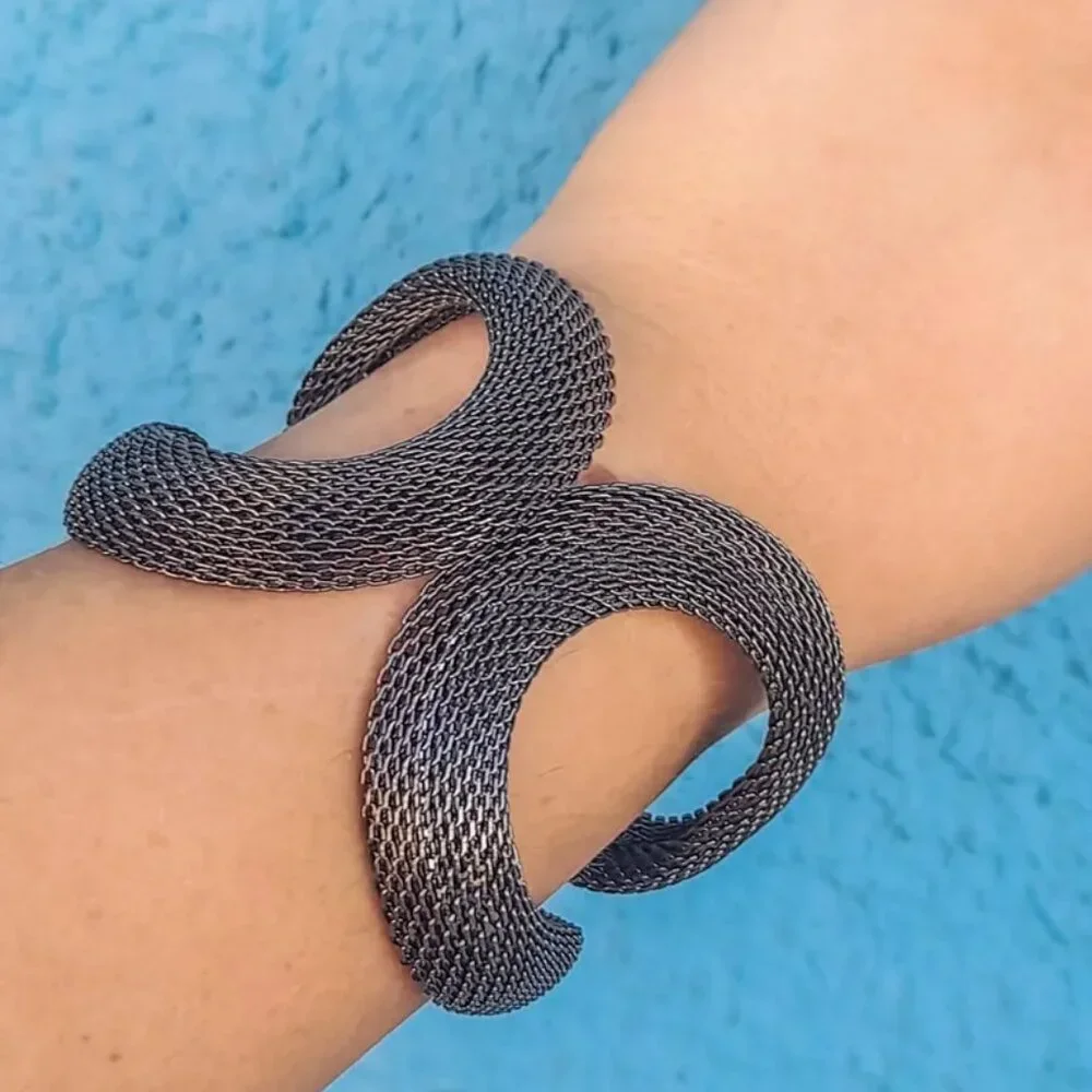 Chunky Alloy Steel Gun Metal Mesh Cuff Infinity Statement Hinge Bracelet - Picture 2 of 10